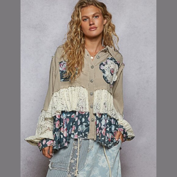 POL Tops - 🌸🪶☮️POL Boho Hippie Jacket – Double Gauze & Lace A-Line Top with Floral Ruffle